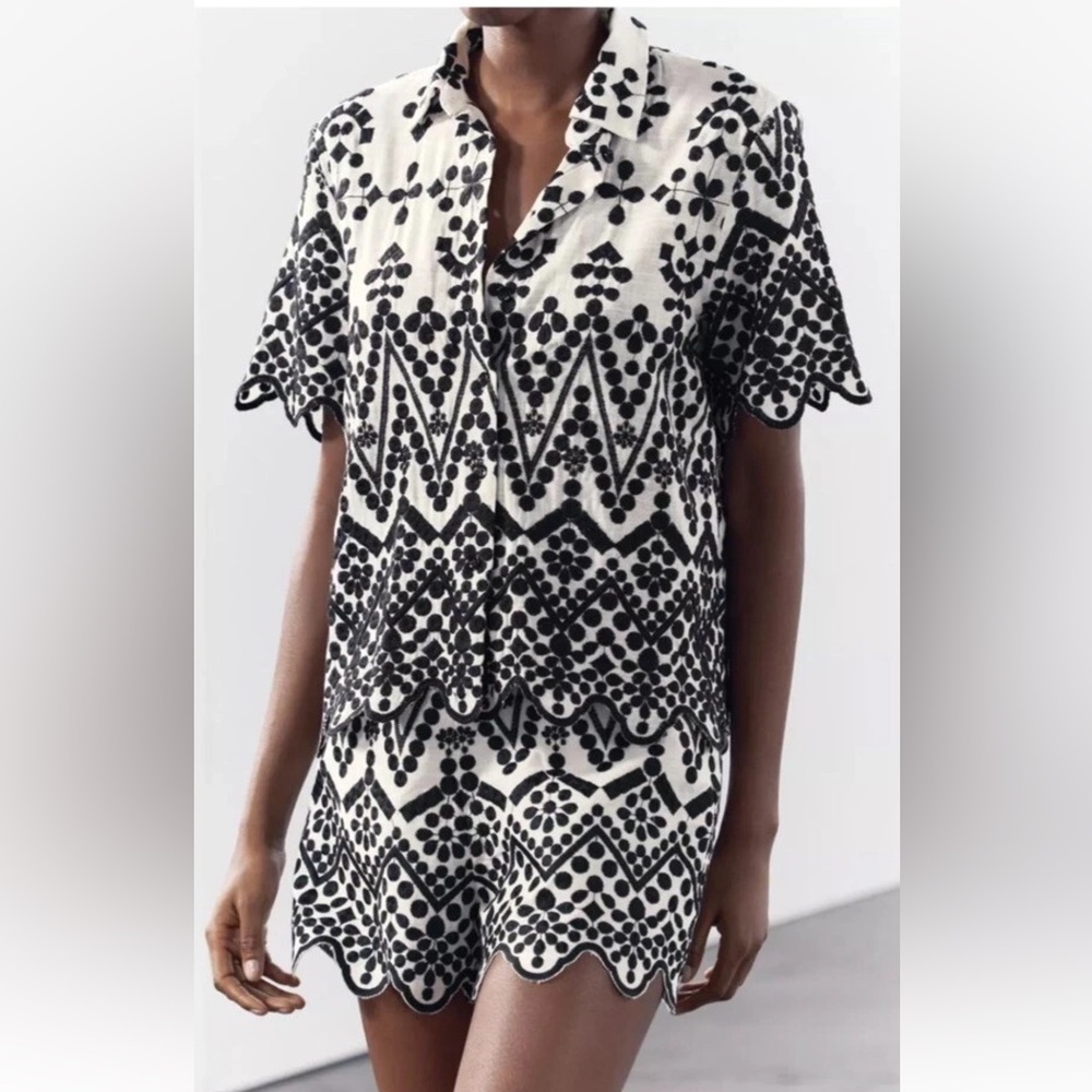 Zara Contrast Embroidered Linen Blend Top + Short Set Size L
